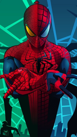 Spider-Man artwork with split mask and cityscape