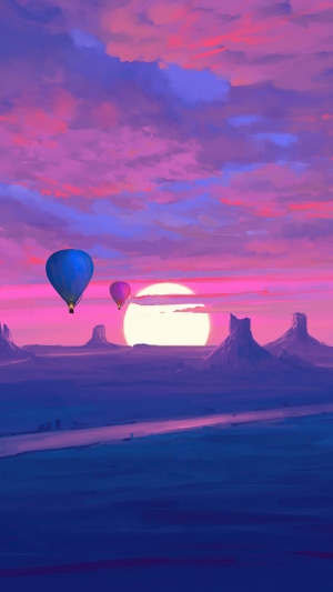 Hot air balloons over desert landscape at sunset