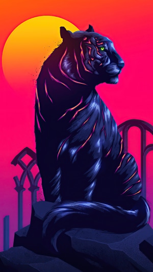 Digital art of a neon tiger in front of a sunset