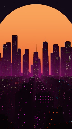 Retrowave city skyline with large orange sun