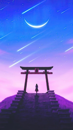 Girl at Torii Gate Under Shooting Stars 4K