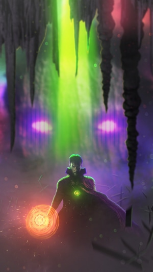 Doctor Strange casting a spell in a cave