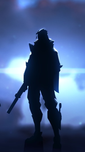 Silhouette of a character from Valorant holding a rifle