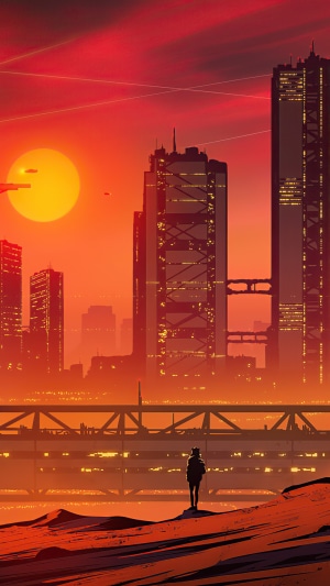 Futuristic city skyline at sunset with a lone figure