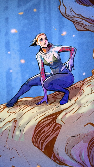 Gwen Stacy as Spider-Gwen on a tree branch
