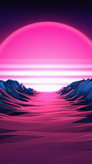 Retrowave landscape with pink sun and mountains