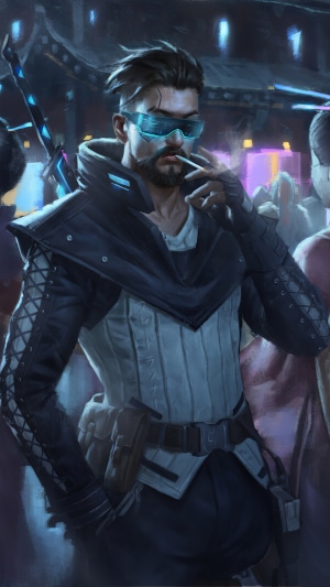 Cyberpunk man with futuristic glasses smoking