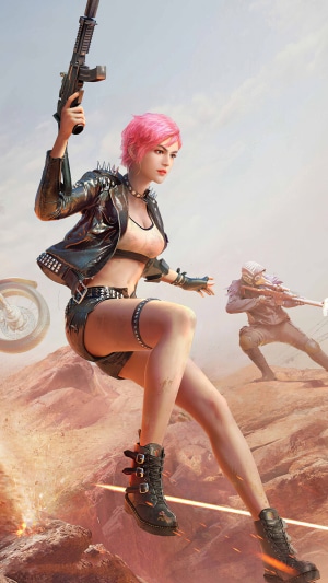 PlayerUnknown's Battlegrounds character with pink hair holding a rifle