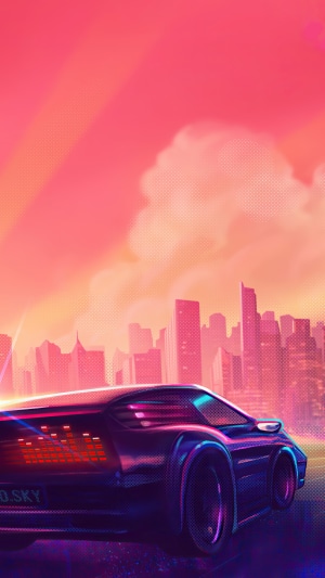 Synthwave car in a neon city at sunset