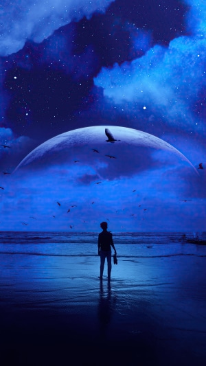 Digital art of a person on a beach under a large moon