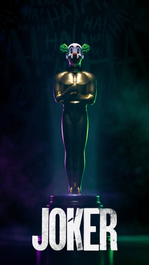 Joker artwork with Oscar statue and clown makeup