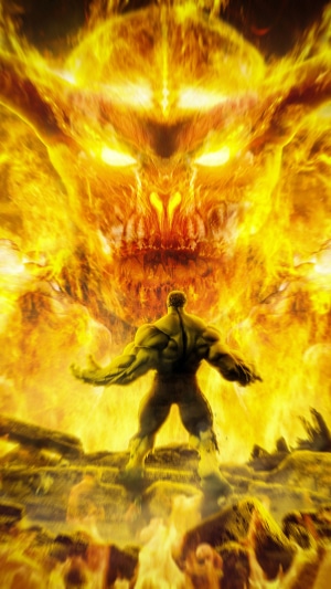 Hulk facing a fiery demon