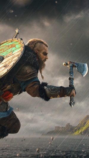 Eivor from Assassin's Creed Valhalla with axe and shield
