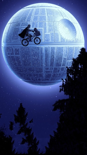 Stormtrooper and E.T. on a bicycle in front of the Death Star