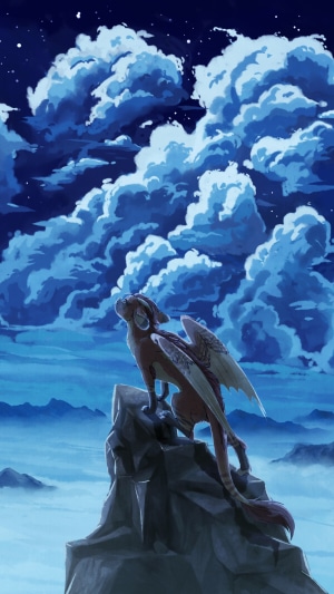 Artwork of a creature on a mountain under clouds