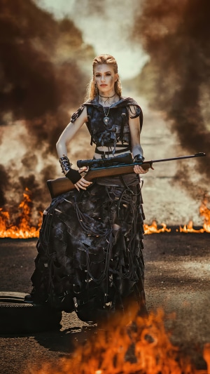 Woman in post-apocalyptic attire holding a rifle