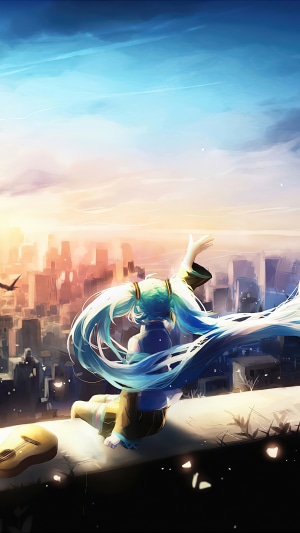Hatsune Miku from Vocaloid overlooking a city at sunset