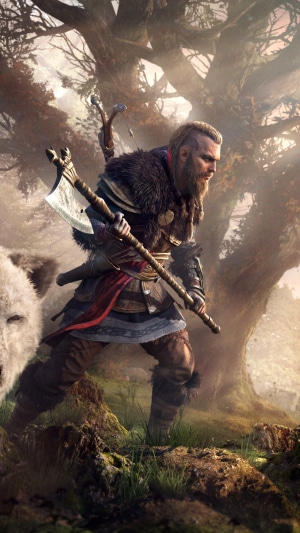 Eivor from Assassin's Creed Valhalla with an axe and wolf
