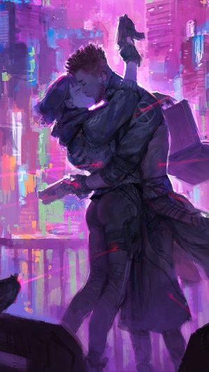 Cyberpunk couple kissing in a neon city