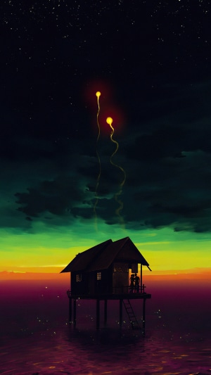 Couple in a hut with lanterns under starry sky