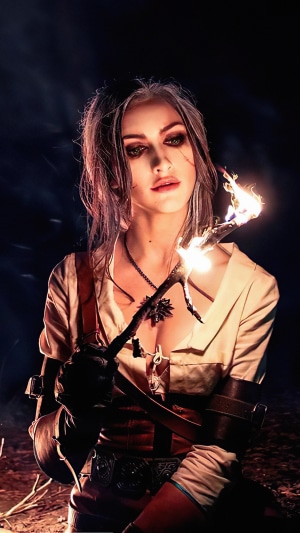 Ciri from The Witcher 3 cosplay with fire