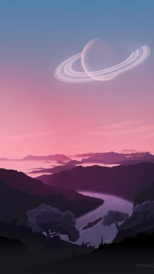 Digital art landscape with planet and mountains
