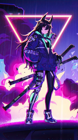 Anime girl with swords and cybernetic leg in neon city