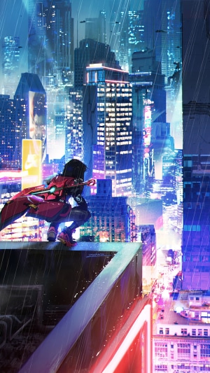 Cyberpunk city at night with a person on a rooftop
