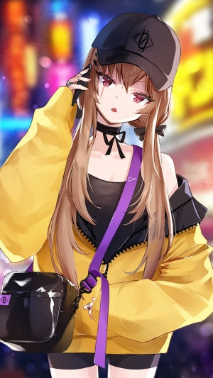 Anime girl with yellow jacket and black cap