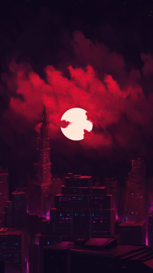Digital Art of a Cityscape Under a Red Moon