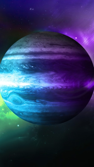 Digital artwork of a colorful planet in space