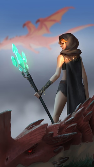 Girl with staff on dragon, dragons in sky