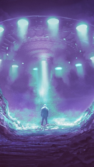 Man standing under a UFO with lights
