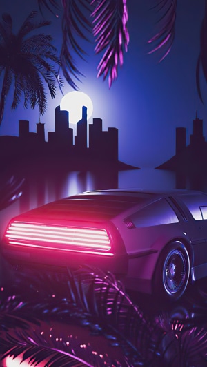 Delorean car in a neon-lit city at night