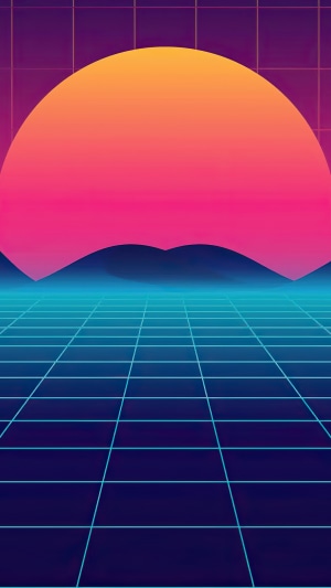 Synthwave digital art with grid and sunset