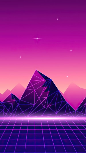 Synthwave digital art with neon mountains and grid