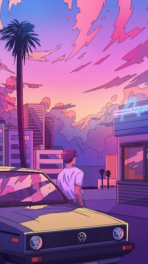 Synthwave artwork of a person by a car at sunset
