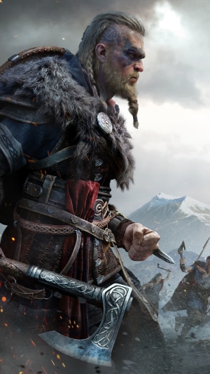 Eivor from Assassin's Creed Valhalla with axe and knife