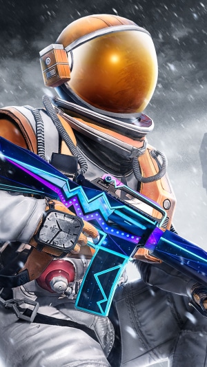 Astronaut with futuristic rifle in snowy environment