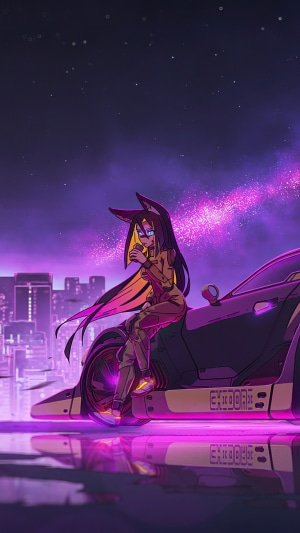 Anime girl with fox ears sitting on a futuristic car