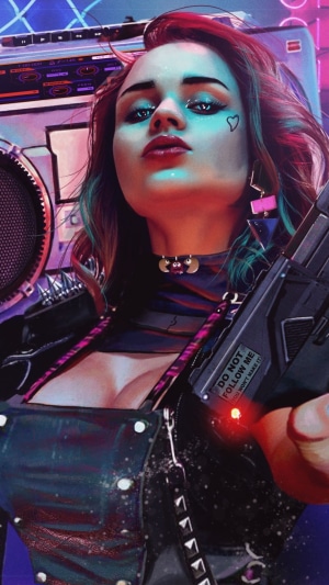 Cyberpunk 2077 game art with woman holding gun