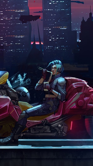 Cyberpunk woman eating noodles on a motorcycle