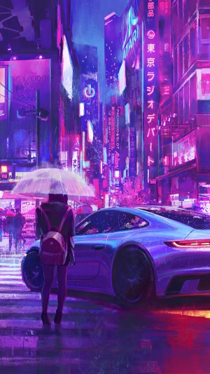 Synthwave City Street with Porsche and Woman