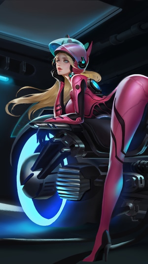 Artwork of a woman in a pink suit on a motorcycle