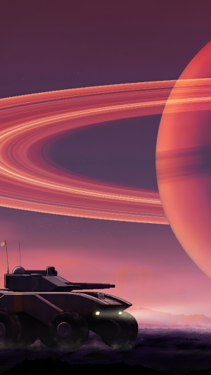 Tank on an alien planet with Saturn-like rings