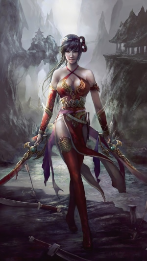 Fantasy warrior woman with swords in mountainous landscape