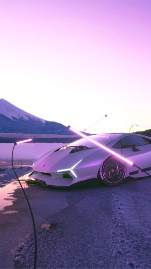 Lamborghini Huracan with neon lights on icy landscape