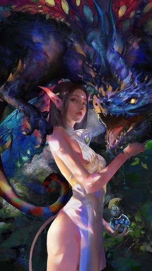 Elf girl with a dragon and a potion