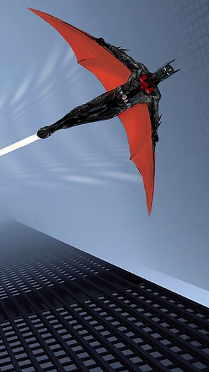 Batman Beyond flying with red wings