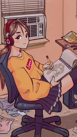 Anime girl with headphones drawing in a sketchbook